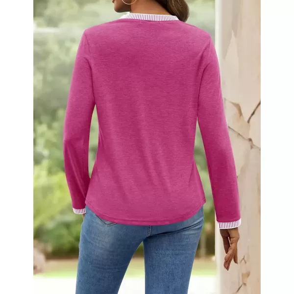 imageZESICA Long Sleeve Shirts for Women Striped Color Block Crewneck Tshirts 2024 Fall Pleated Trendy TopsRosered