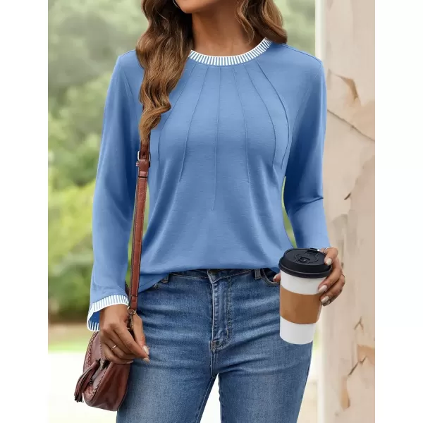 imageZESICA Long Sleeve Shirts for Women Striped Color Block Crewneck Tshirts 2024 Fall Pleated Trendy TopsSkyblue