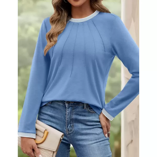 imageZESICA Long Sleeve Shirts for Women Striped Color Block Crewneck Tshirts 2024 Fall Pleated Trendy TopsSkyblue