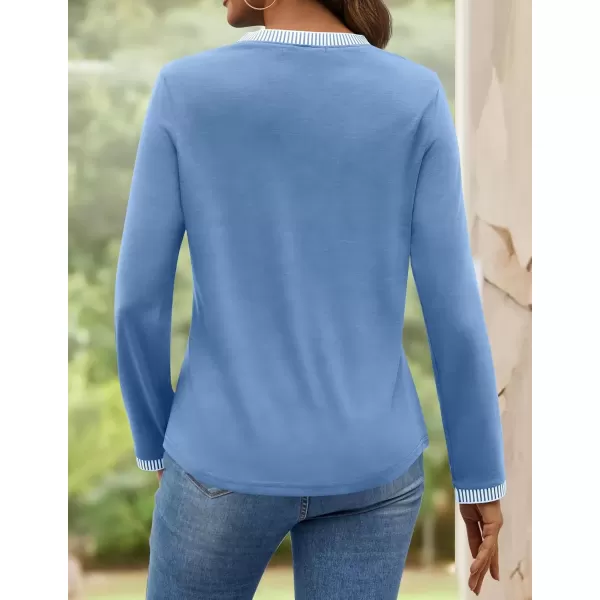 imageZESICA Long Sleeve Shirts for Women Striped Color Block Crewneck Tshirts 2024 Fall Pleated Trendy TopsSkyblue