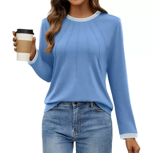 imageZESICA Long Sleeve Shirts for Women Striped Color Block Crewneck Tshirts 2024 Fall Pleated Trendy TopsSkyblue