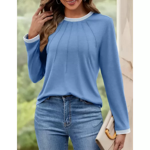 imageZESICA Long Sleeve Shirts for Women Striped Color Block Crewneck Tshirts 2024 Fall Pleated Trendy TopsSkyblue
