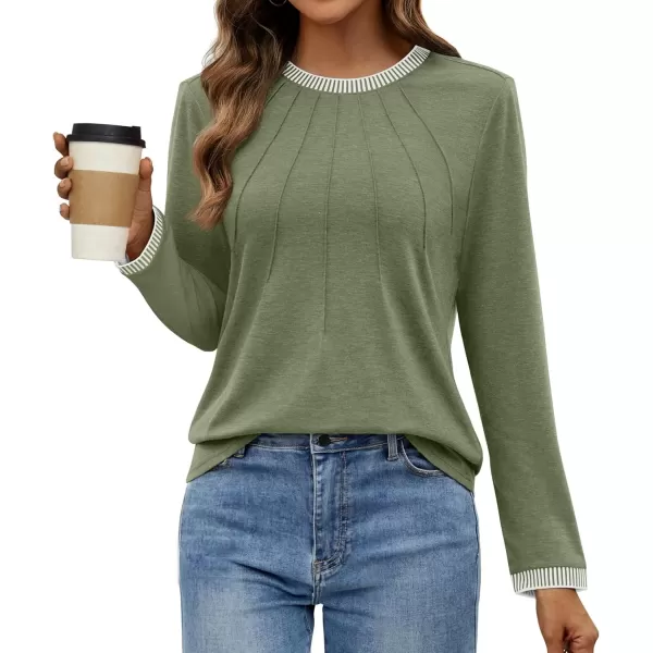 imageZESICA Long Sleeve Shirts for Women Striped Color Block Crewneck Tshirts 2024 Fall Pleated Trendy TopsStrawgreen