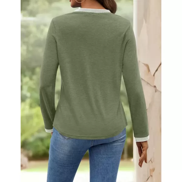 imageZESICA Long Sleeve Shirts for Women Striped Color Block Crewneck Tshirts 2024 Fall Pleated Trendy TopsStrawgreen