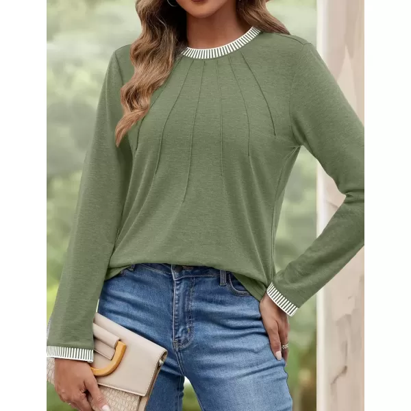 imageZESICA Long Sleeve Shirts for Women Striped Color Block Crewneck Tshirts 2024 Fall Pleated Trendy TopsStrawgreen