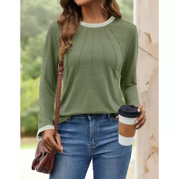 imageZESICA Long Sleeve Shirts for Women Striped Color Block Crewneck Tshirts 2024 Fall Pleated Trendy TopsStrawgreen