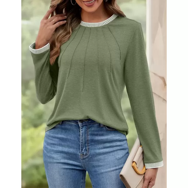 imageZESICA Long Sleeve Shirts for Women Striped Color Block Crewneck Tshirts 2024 Fall Pleated Trendy TopsStrawgreen