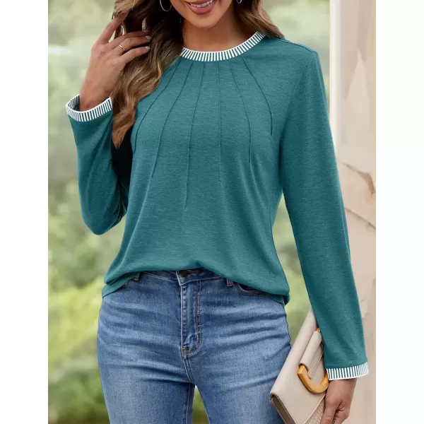 imageZESICA Long Sleeve Shirts for Women Striped Color Block Crewneck Tshirts 2024 Fall Pleated Trendy TopsTurquoise