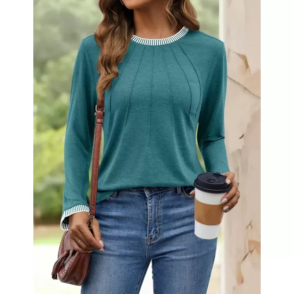 imageZESICA Long Sleeve Shirts for Women Striped Color Block Crewneck Tshirts 2024 Fall Pleated Trendy TopsTurquoise