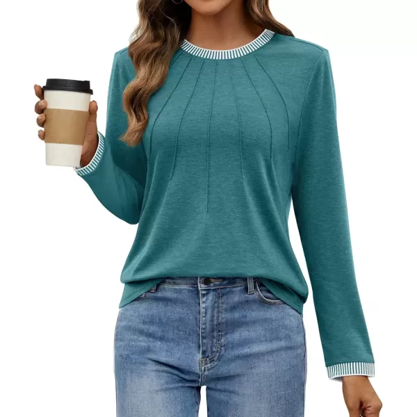 imageZESICA Long Sleeve Shirts for Women Striped Color Block Crewneck Tshirts 2024 Fall Pleated Trendy TopsTurquoise