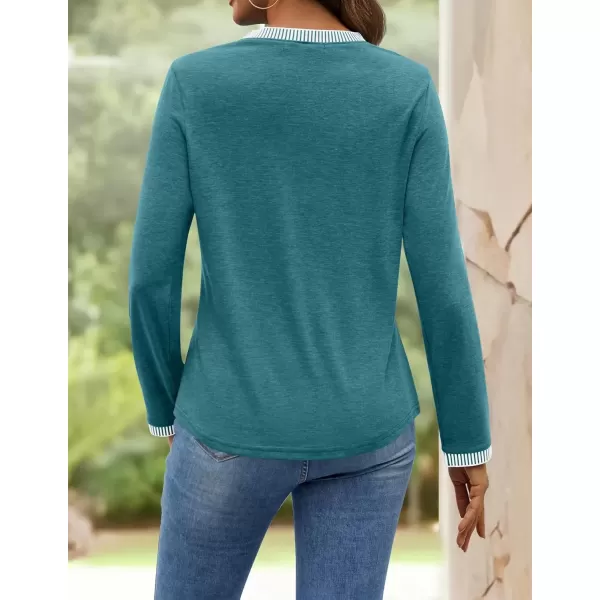 imageZESICA Long Sleeve Shirts for Women Striped Color Block Crewneck Tshirts 2024 Fall Pleated Trendy TopsTurquoise