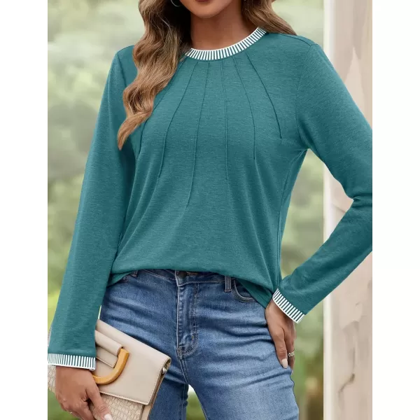 imageZESICA Long Sleeve Shirts for Women Striped Color Block Crewneck Tshirts 2024 Fall Pleated Trendy TopsTurquoise