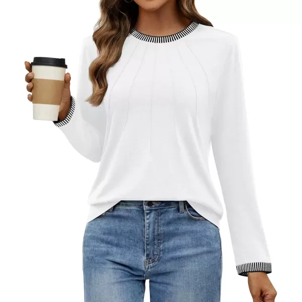 imageZESICA Long Sleeve Shirts for Women Striped Color Block Crewneck Tshirts 2024 Fall Pleated Trendy TopsWhite