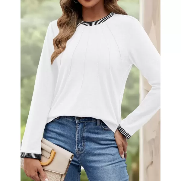 imageZESICA Long Sleeve Shirts for Women Striped Color Block Crewneck Tshirts 2024 Fall Pleated Trendy TopsWhite