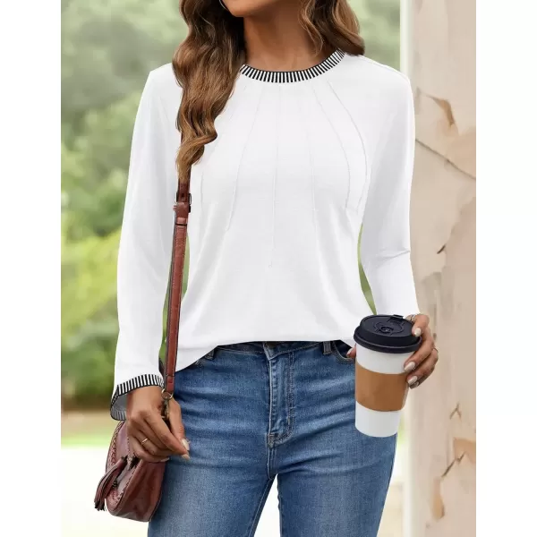 imageZESICA Long Sleeve Shirts for Women Striped Color Block Crewneck Tshirts 2024 Fall Pleated Trendy TopsWhite