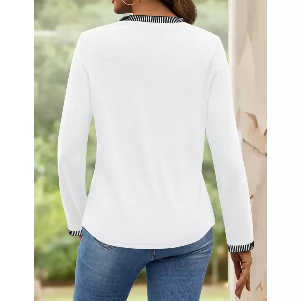 imageZESICA Long Sleeve Shirts for Women Striped Color Block Crewneck Tshirts 2024 Fall Pleated Trendy TopsWhite