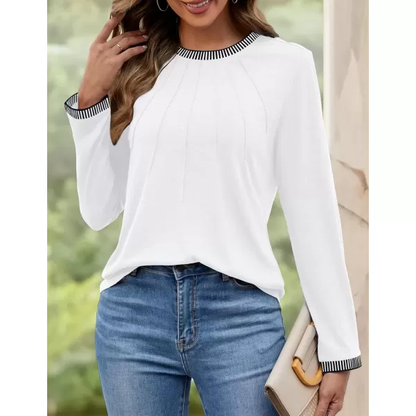 imageZESICA Long Sleeve Shirts for Women Striped Color Block Crewneck Tshirts 2024 Fall Pleated Trendy TopsWhite