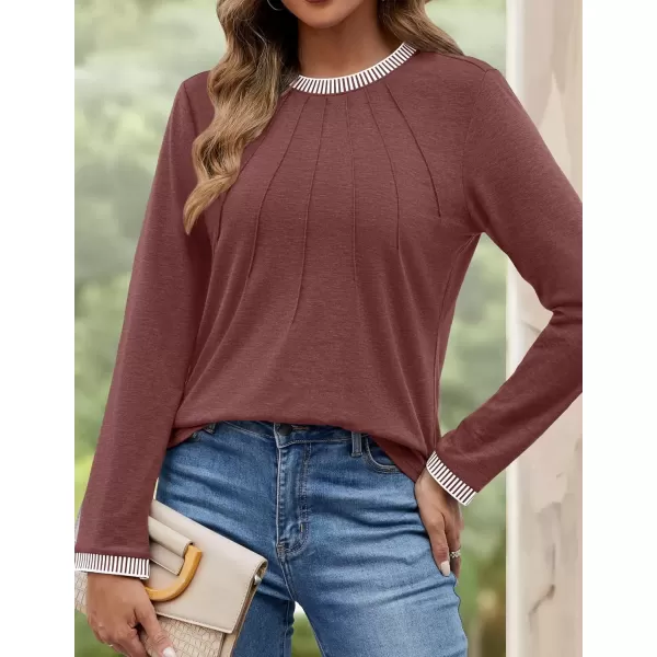 imageZESICA Long Sleeve Shirts for Women Striped Color Block Crewneck Tshirts 2024 Fall Pleated Trendy TopsWinered