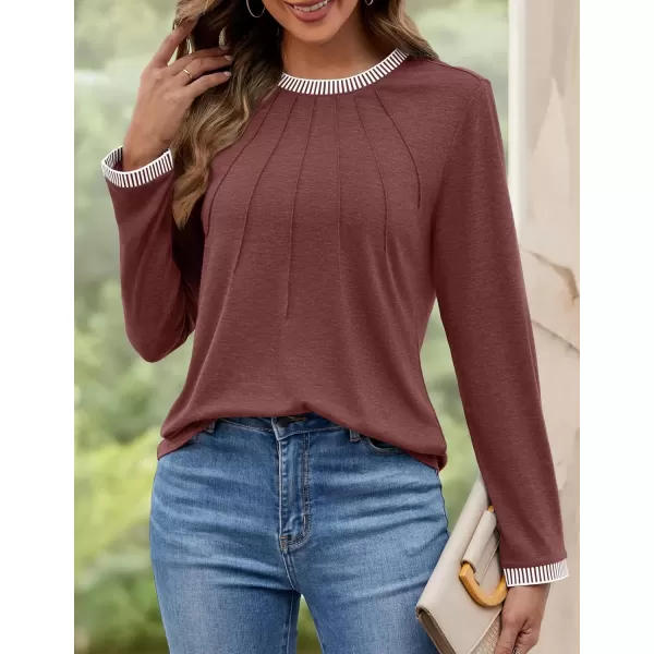 imageZESICA Long Sleeve Shirts for Women Striped Color Block Crewneck Tshirts 2024 Fall Pleated Trendy TopsWinered