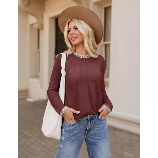 imageZESICA Long Sleeve Shirts for Women Striped Color Block Crewneck Tshirts 2024 Fall Pleated Trendy TopsWinered
