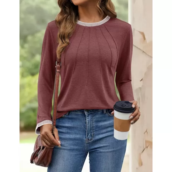 imageZESICA Long Sleeve Shirts for Women Striped Color Block Crewneck Tshirts 2024 Fall Pleated Trendy TopsWinered