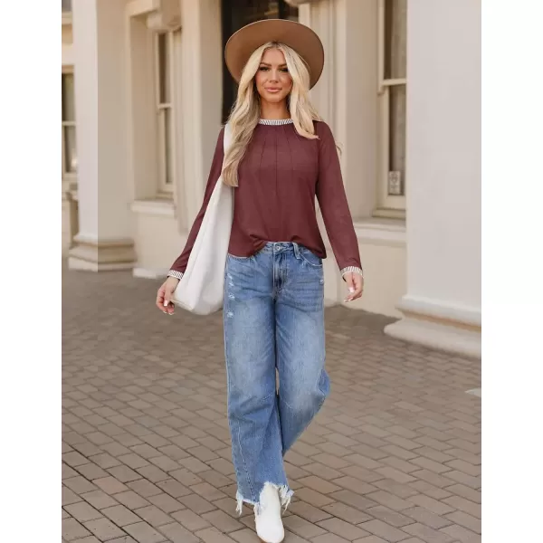 imageZESICA Long Sleeve Shirts for Women Striped Color Block Crewneck Tshirts 2024 Fall Pleated Trendy TopsWinered