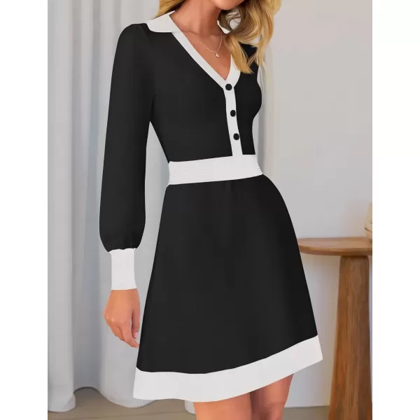 imageZESICA Womens 2024 Fall Long Sleeve V Neck Sweater Dress Collar Ribbed Knit Mini DressesBlack