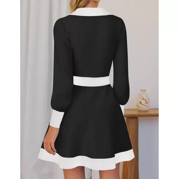 imageZESICA Womens 2024 Fall Long Sleeve V Neck Sweater Dress Collar Ribbed Knit Mini DressesBlack
