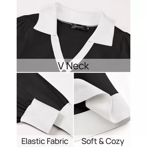 imageZESICA Womens 2024 Fall Long Sleeve V Neck Sweater Dress Collar Ribbed Knit Mini DressesBlack