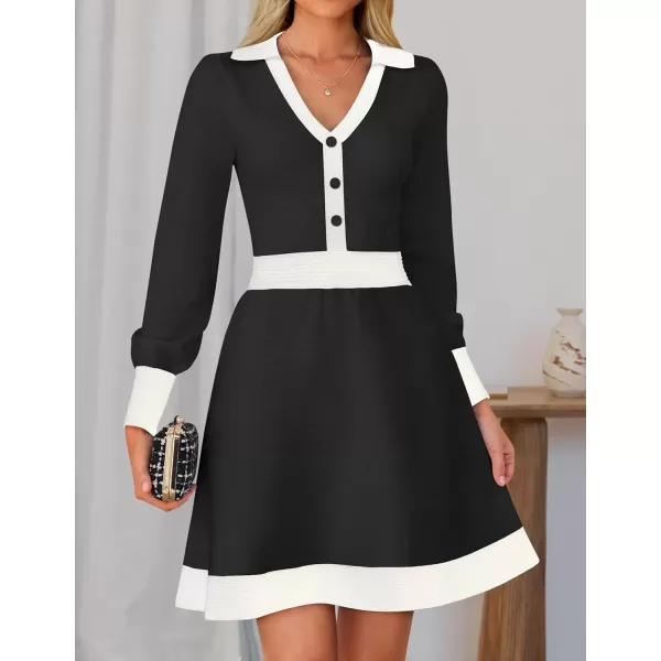 imageZESICA Womens 2024 Fall Long Sleeve V Neck Sweater Dress Collar Ribbed Knit Mini DressesBlack