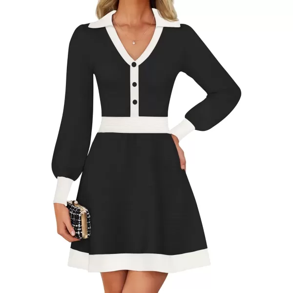 imageZESICA Womens 2024 Fall Long Sleeve V Neck Sweater Dress Collar Ribbed Knit Mini DressesBlack