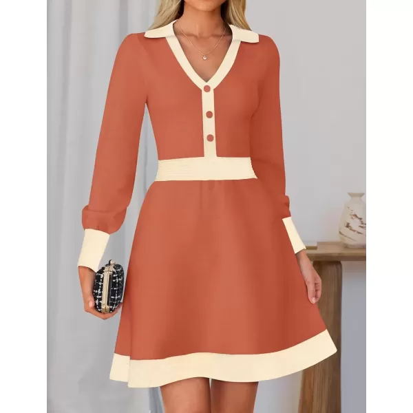 imageZESICA Womens 2024 Fall Long Sleeve V Neck Sweater Dress Collar Ribbed Knit Mini DressesCoral