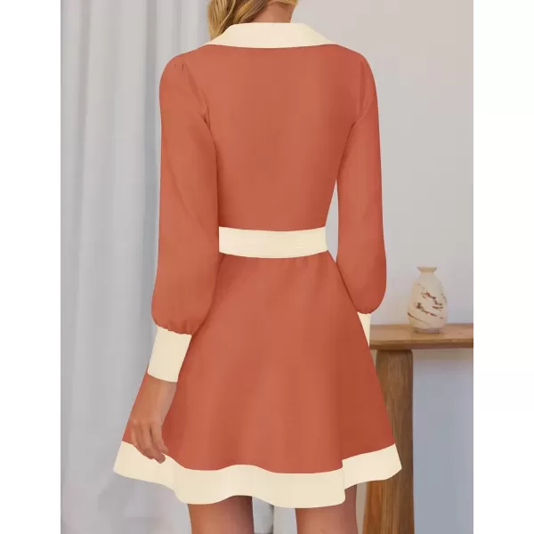 imageZESICA Womens 2024 Fall Long Sleeve V Neck Sweater Dress Collar Ribbed Knit Mini DressesCoral