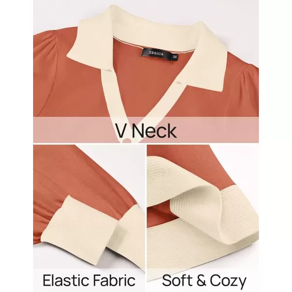 imageZESICA Womens 2024 Fall Long Sleeve V Neck Sweater Dress Collar Ribbed Knit Mini DressesCoral