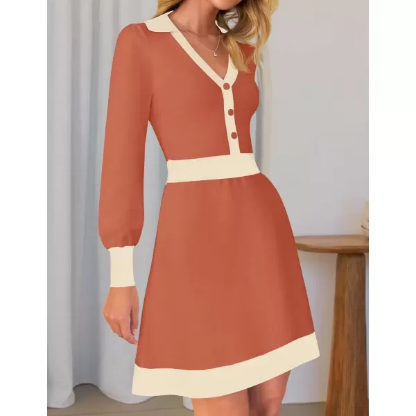 imageZESICA Womens 2024 Fall Long Sleeve V Neck Sweater Dress Collar Ribbed Knit Mini DressesCoral