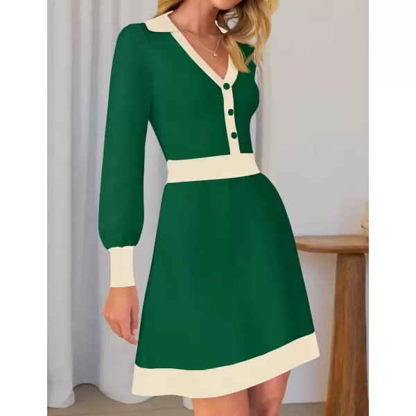 imageZESICA Womens 2024 Fall Long Sleeve V Neck Sweater Dress Collar Ribbed Knit Mini DressesGreen