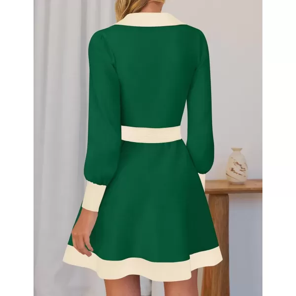 imageZESICA Womens 2024 Fall Long Sleeve V Neck Sweater Dress Collar Ribbed Knit Mini DressesGreen