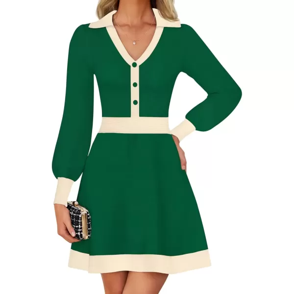 imageZESICA Womens 2024 Fall Long Sleeve V Neck Sweater Dress Collar Ribbed Knit Mini DressesGreen
