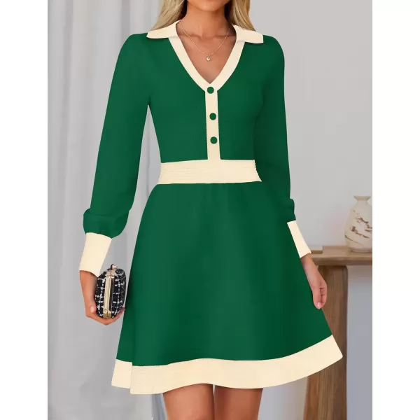 imageZESICA Womens 2024 Fall Long Sleeve V Neck Sweater Dress Collar Ribbed Knit Mini DressesGreen