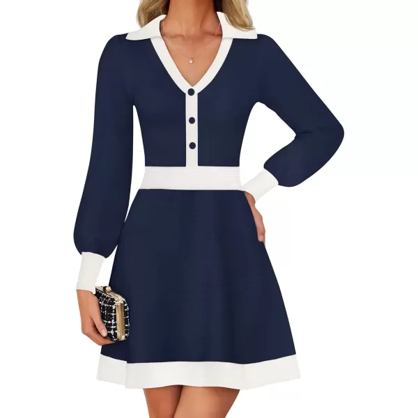 imageZESICA Womens 2024 Fall Long Sleeve V Neck Sweater Dress Collar Ribbed Knit Mini DressesNavy