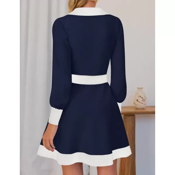 imageZESICA Womens 2024 Fall Long Sleeve V Neck Sweater Dress Collar Ribbed Knit Mini DressesNavy