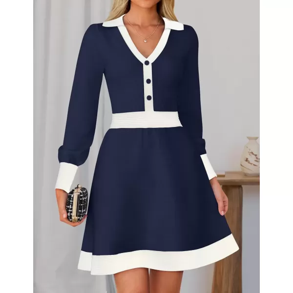 imageZESICA Womens 2024 Fall Long Sleeve V Neck Sweater Dress Collar Ribbed Knit Mini DressesNavy