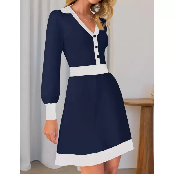 imageZESICA Womens 2024 Fall Long Sleeve V Neck Sweater Dress Collar Ribbed Knit Mini DressesNavy