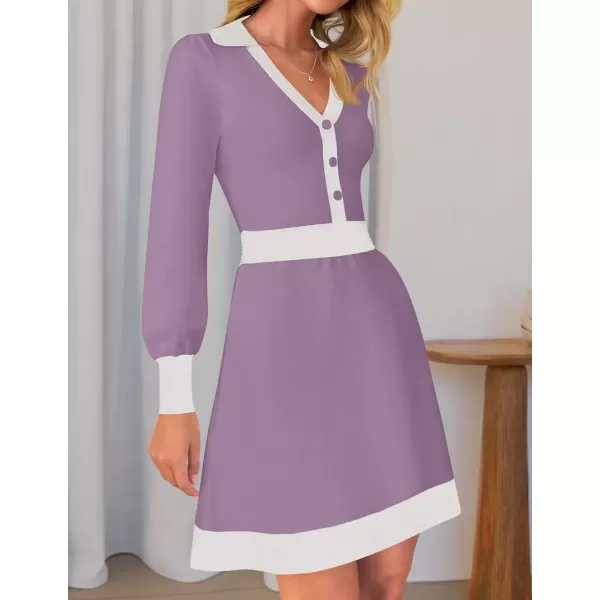 imageZESICA Womens 2024 Fall Long Sleeve V Neck Sweater Dress Collar Ribbed Knit Mini DressesPurple