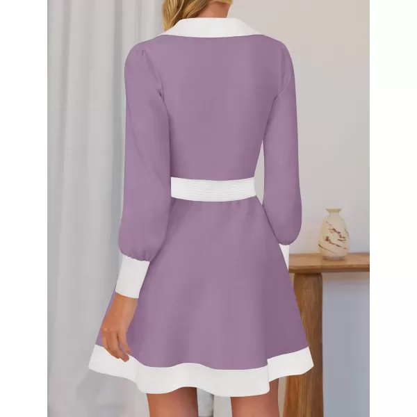 imageZESICA Womens 2024 Fall Long Sleeve V Neck Sweater Dress Collar Ribbed Knit Mini DressesPurple
