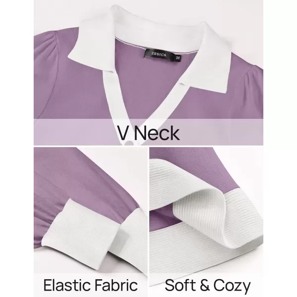 imageZESICA Womens 2024 Fall Long Sleeve V Neck Sweater Dress Collar Ribbed Knit Mini DressesPurple