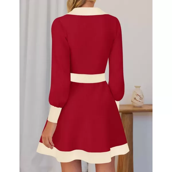 imageZESICA Womens 2024 Fall Long Sleeve V Neck Sweater Dress Collar Ribbed Knit Mini DressesRed