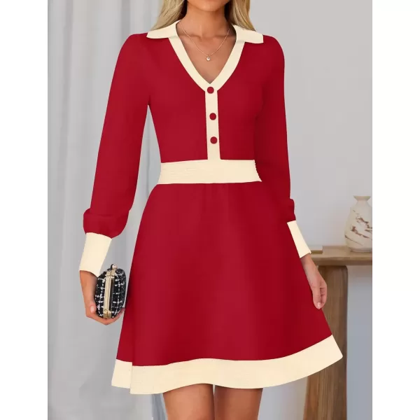 imageZESICA Womens 2024 Fall Long Sleeve V Neck Sweater Dress Collar Ribbed Knit Mini DressesRed