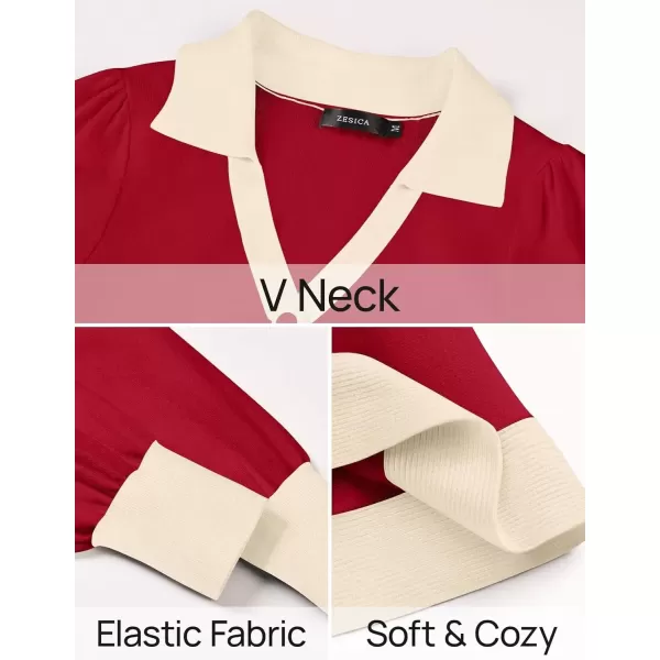 imageZESICA Womens 2024 Fall Long Sleeve V Neck Sweater Dress Collar Ribbed Knit Mini DressesRed