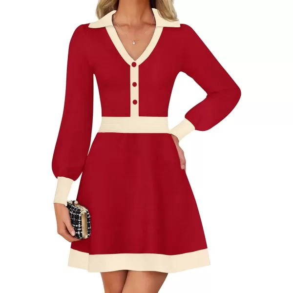 imageZESICA Womens 2024 Fall Long Sleeve V Neck Sweater Dress Collar Ribbed Knit Mini DressesRed
